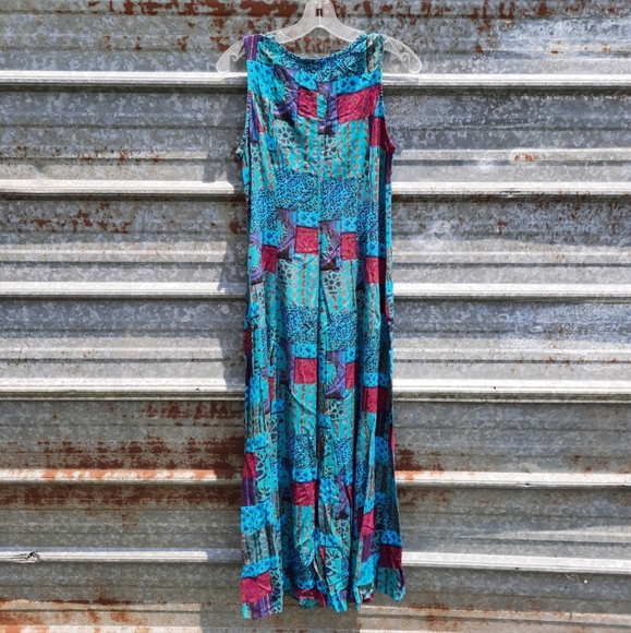 VINTAGE Boho Sleeveless Patch Work Design Front Button Up Maxi Shift Dress - Picture 7 of 14